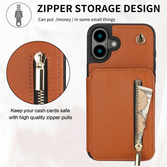 For iPhone 16 Plus YM006 Skin Feel Zipper Card Bag Phone Case with Dual Lanyard(Brown)