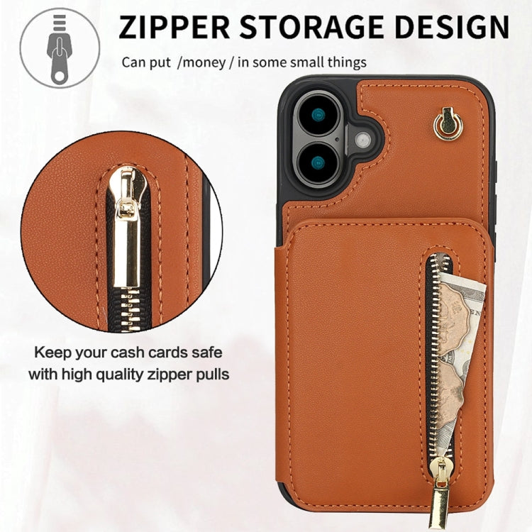 For iPhone 16 Plus YM006 Skin Feel Zipper Card Bag Phone Case with Dual Lanyard(Brown)