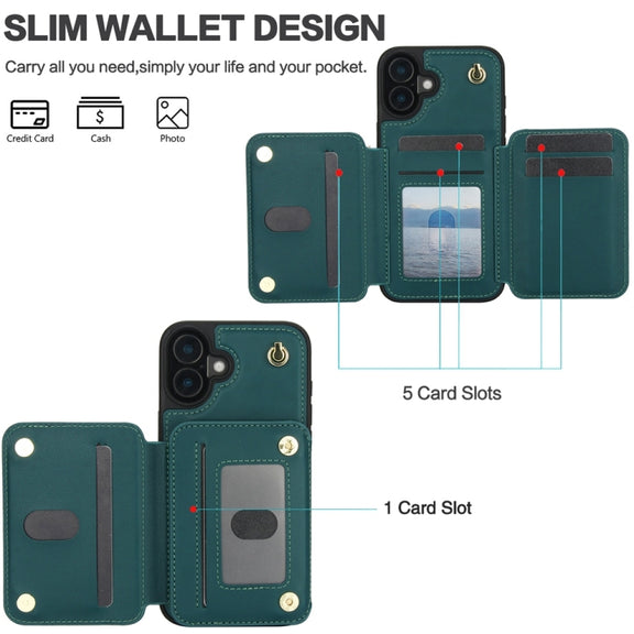 For iPhone 16 Plus YM006 Skin Feel Zipper Card Bag Phone Case with Dual Lanyard(Green)