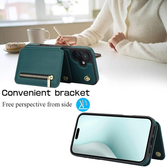 For iPhone 16 Plus YM006 Skin Feel Zipper Card Bag Phone Case with Dual Lanyard(Green)
