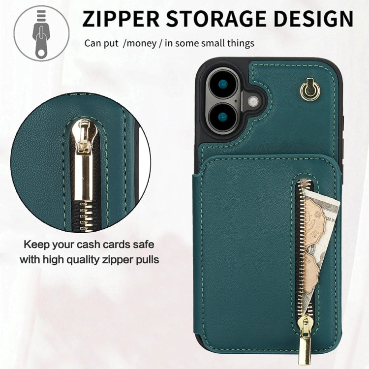 For iPhone 16 Plus YM006 Skin Feel Zipper Card Bag Phone Case with Dual Lanyard(Green)