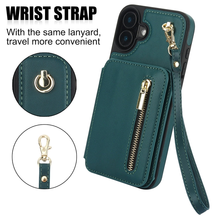 For iPhone 16 Plus YM006 Skin Feel Zipper Card Bag Phone Case with Dual Lanyard(Green)