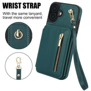 For iPhone 16 Plus YM006 Skin Feel Zipper Card Bag Phone Case with Dual Lanyard(Green)