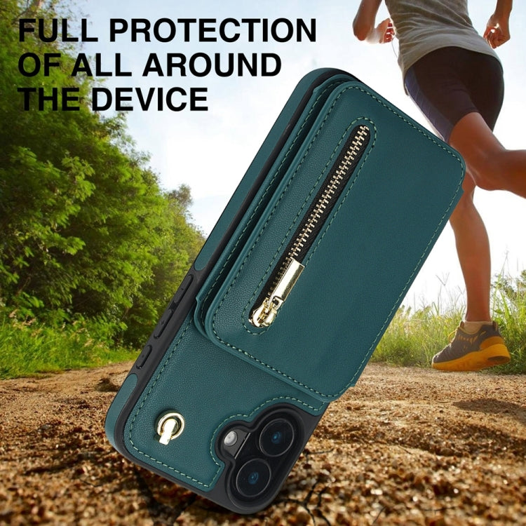 For iPhone 16 Plus YM006 Skin Feel Zipper Card Bag Phone Case with Dual Lanyard(Green)