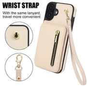 For iPhone 16 YM006 Skin Feel Zipper Card Bag Phone Case with Dual Lanyard(Apricot)