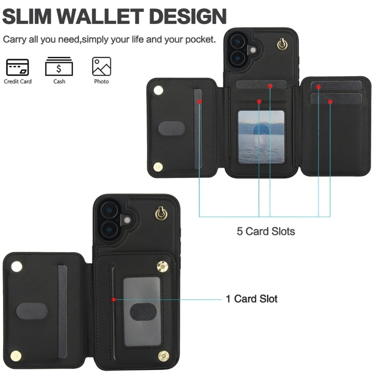 For iPhone 16 YM006 Skin Feel Zipper Card Bag Phone Case with Dual Lanyard(Black)