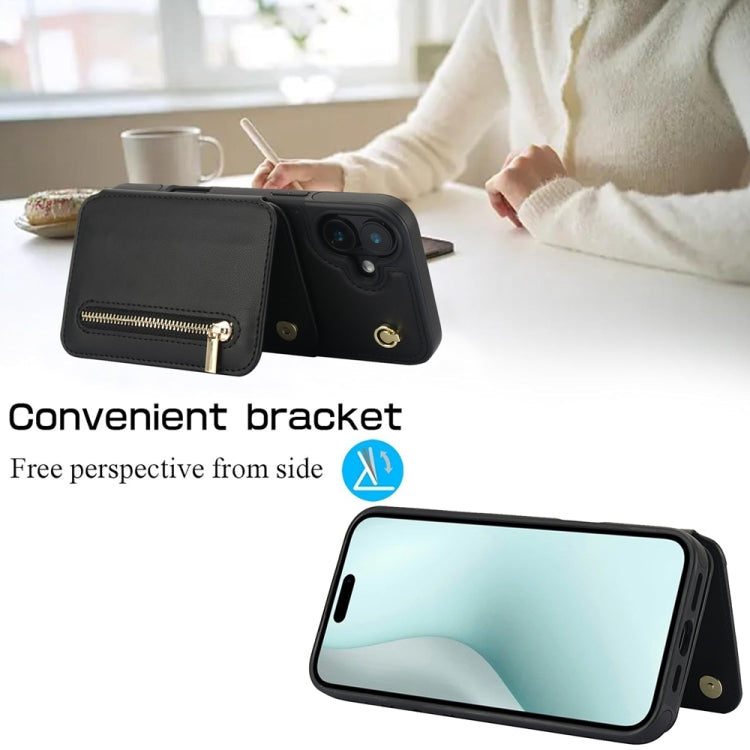For iPhone 16 YM006 Skin Feel Zipper Card Bag Phone Case with Dual Lanyard(Black)