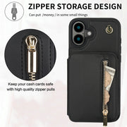 For iPhone 16 YM006 Skin Feel Zipper Card Bag Phone Case with Dual Lanyard(Black)