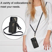 For iPhone 16 YM006 Skin Feel Zipper Card Bag Phone Case with Dual Lanyard(Black)