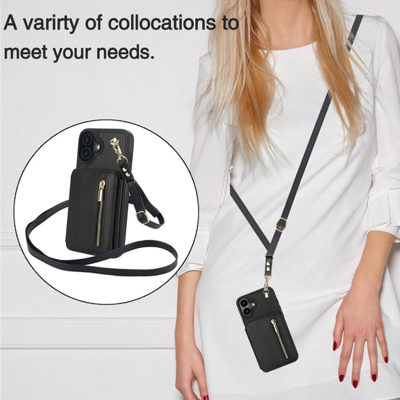 For iPhone 16 YM006 Skin Feel Zipper Card Bag Phone Case with Dual Lanyard(Black)