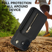 For iPhone 16 YM006 Skin Feel Zipper Card Bag Phone Case with Dual Lanyard(Black)