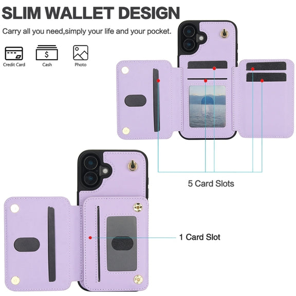 For iPhone 16 YM006 Skin Feel Zipper Card Bag Phone Case with Dual Lanyard(Light Purple)