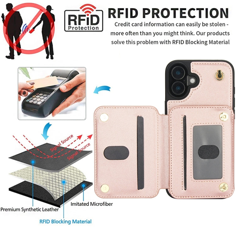 For iPhone 16 YM006 Skin Feel Zipper Card Bag Phone Case with Dual Lanyard(Rose Gold)