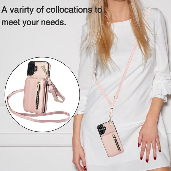 For iPhone 16 YM006 Skin Feel Zipper Card Bag Phone Case with Dual Lanyard(Rose Gold)