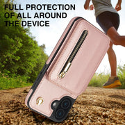 For iPhone 16 YM006 Skin Feel Zipper Card Bag Phone Case with Dual Lanyard(Rose Gold)