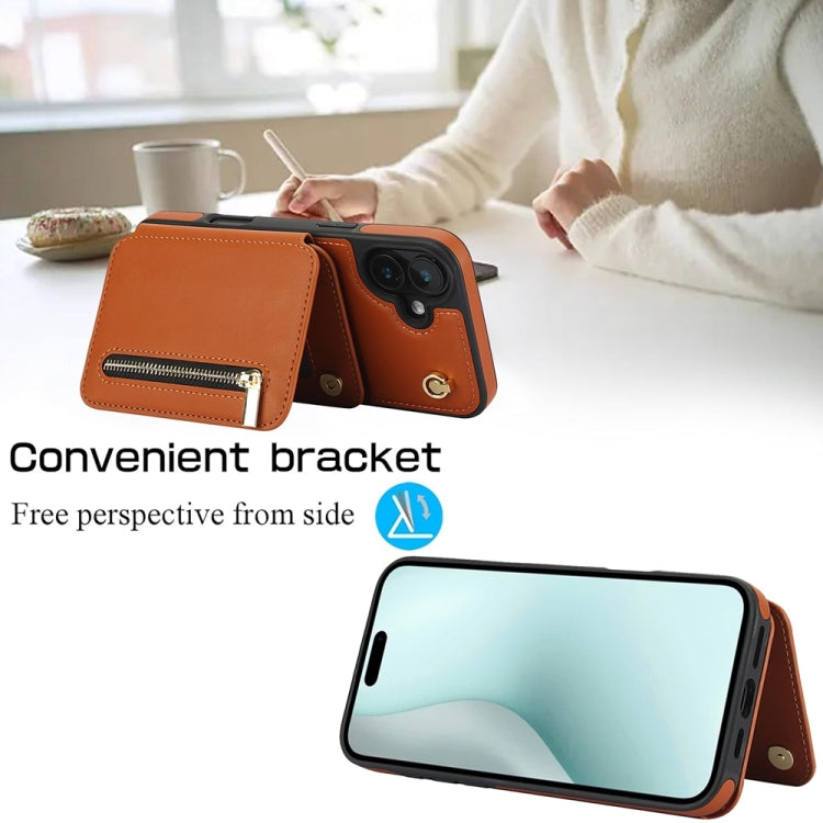 For iPhone 16 YM006 Skin Feel Zipper Card Bag Phone Case with Dual Lanyard(Brown)