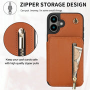 For iPhone 16 YM006 Skin Feel Zipper Card Bag Phone Case with Dual Lanyard(Brown)