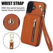 For iPhone 16 YM006 Skin Feel Zipper Card Bag Phone Case with Dual Lanyard(Brown)