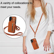 For iPhone 16 YM006 Skin Feel Zipper Card Bag Phone Case with Dual Lanyard(Brown)