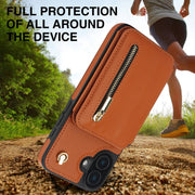 For iPhone 16 YM006 Skin Feel Zipper Card Bag Phone Case with Dual Lanyard(Brown)