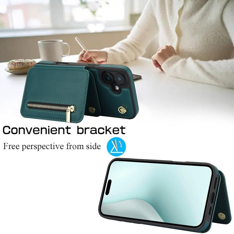 For iPhone 16 YM006 Skin Feel Zipper Card Bag Phone Case with Dual Lanyard(Green)