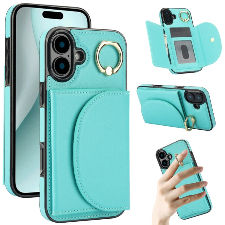 For iPhone 16 Plus YM007 Ring Holder Card Bag Skin Feel Phone Case(Green)