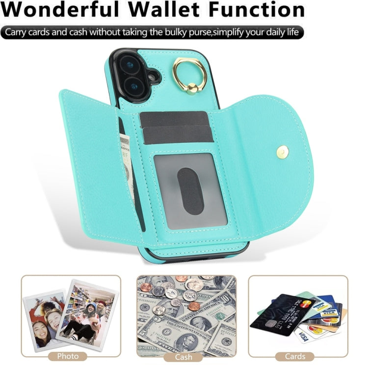 For iPhone 16 Plus YM007 Ring Holder Card Bag Skin Feel Phone Case(Green)