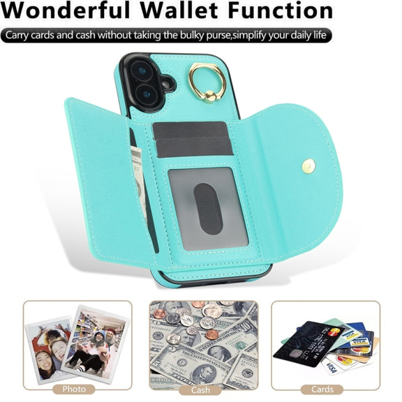 For iPhone 16 Plus YM007 Ring Holder Card Bag Skin Feel Phone Case(Green)
