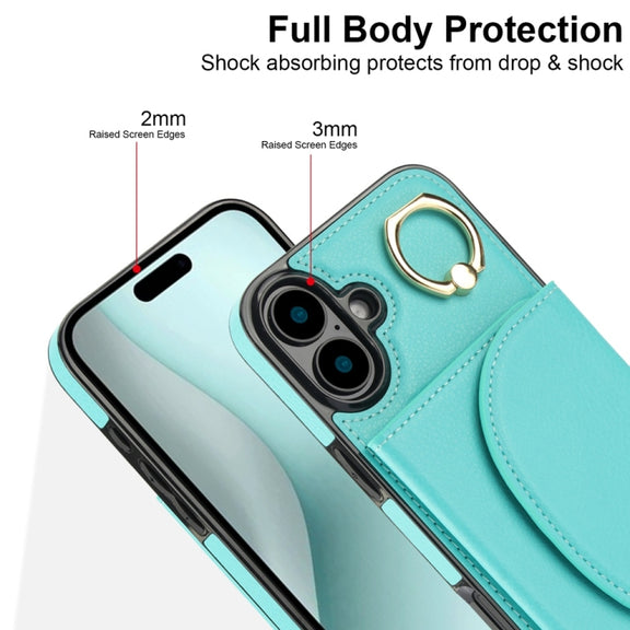 For iPhone 16 Plus YM007 Ring Holder Card Bag Skin Feel Phone Case(Green)
