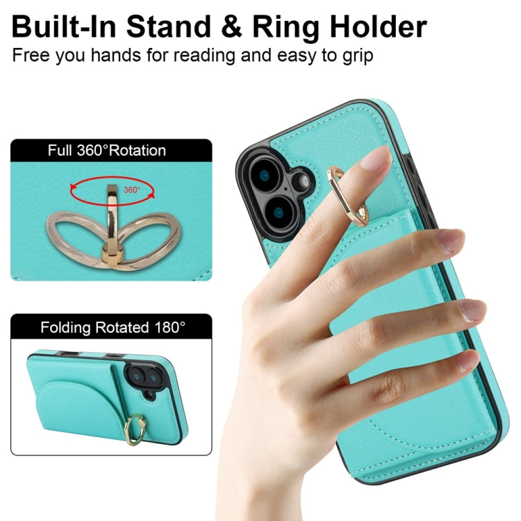For iPhone 16 Plus YM007 Ring Holder Card Bag Skin Feel Phone Case(Green)