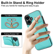 For iPhone 16 Plus YM007 Ring Holder Card Bag Skin Feel Phone Case(Green)