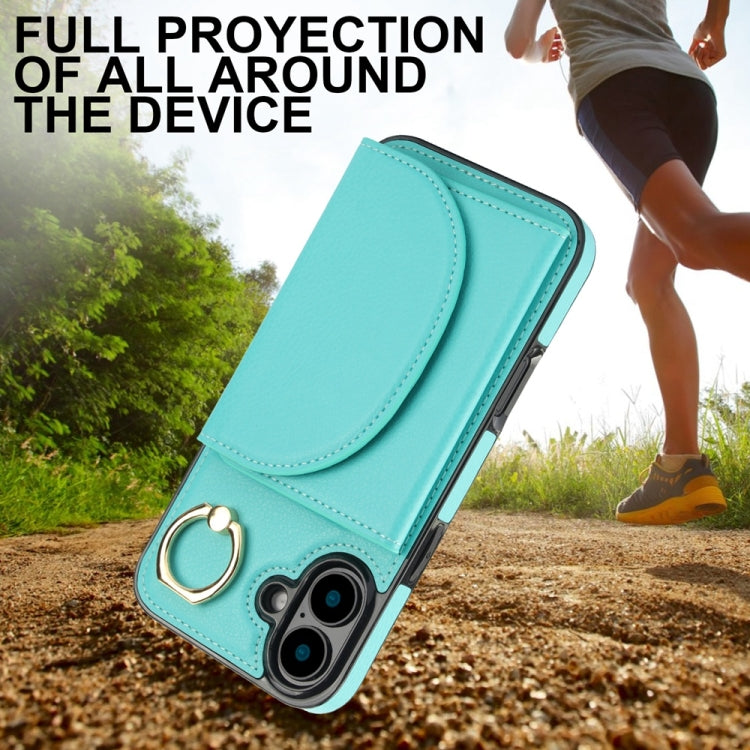 For iPhone 16 Plus YM007 Ring Holder Card Bag Skin Feel Phone Case(Green)