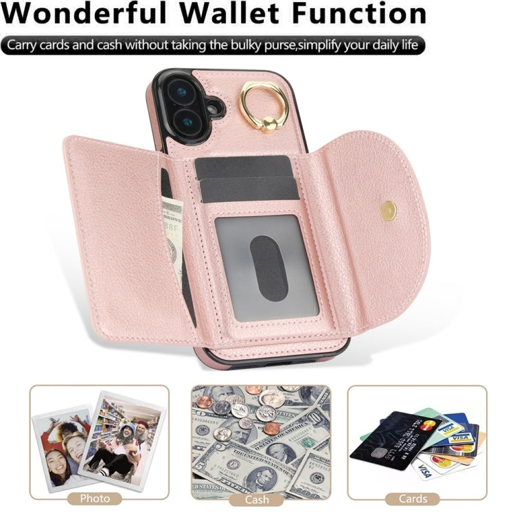 For iPhone 16 YM007 Ring Holder Card Bag Skin Feel Phone Case(Rose Gold)