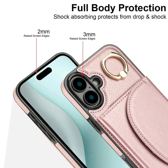 For iPhone 16 YM007 Ring Holder Card Bag Skin Feel Phone Case(Rose Gold)