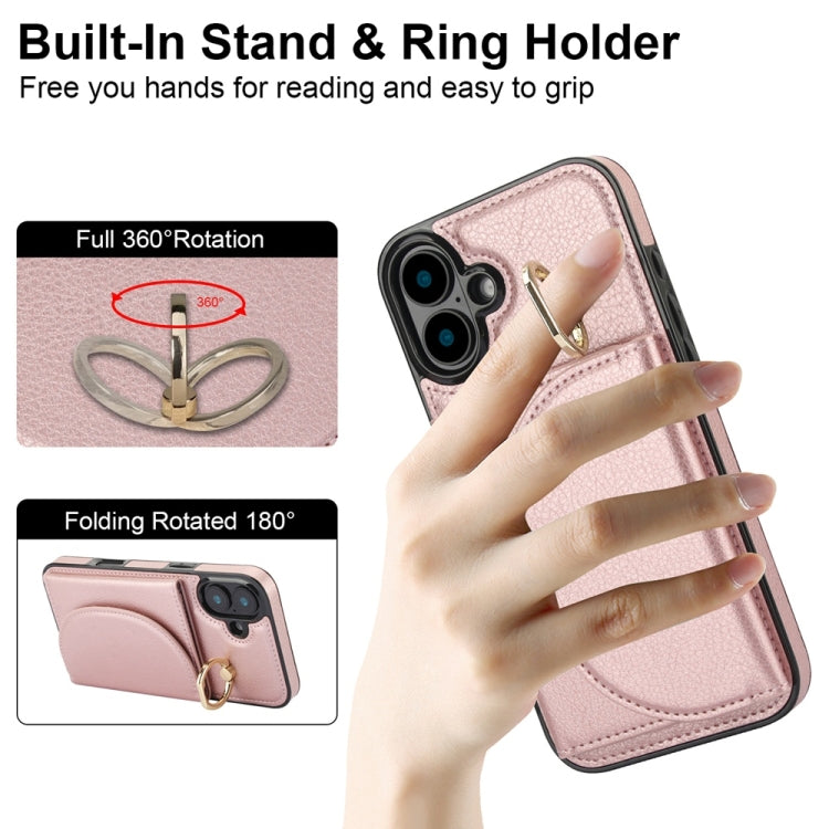 For iPhone 16 YM007 Ring Holder Card Bag Skin Feel Phone Case(Rose Gold)