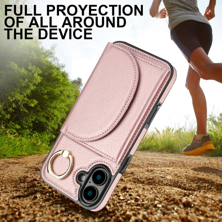 For iPhone 16 YM007 Ring Holder Card Bag Skin Feel Phone Case(Rose Gold)