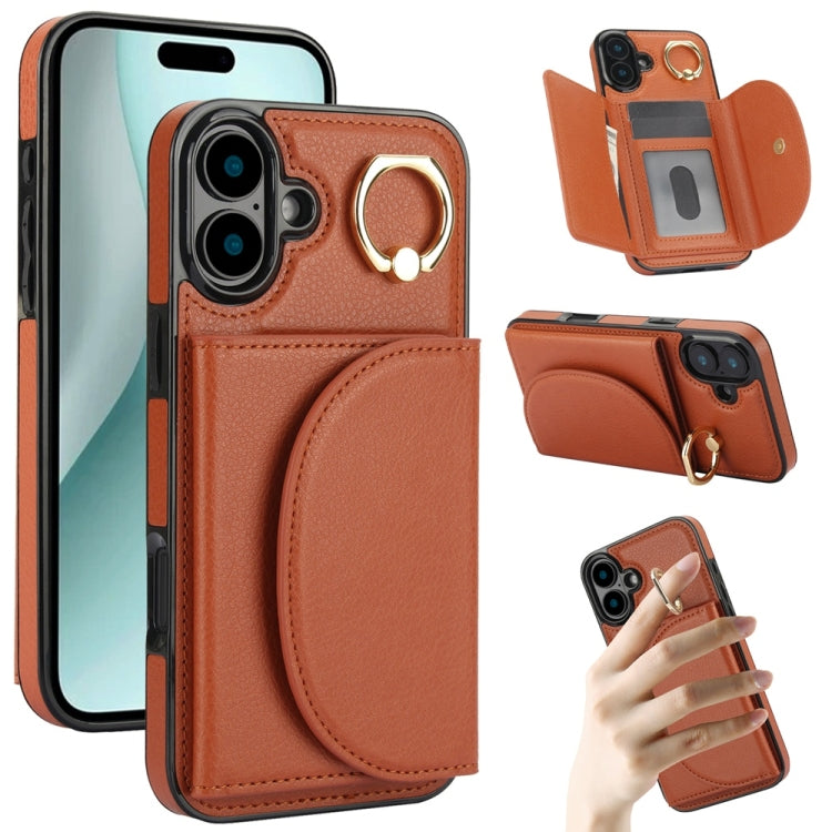 For iPhone 16 YM007 Ring Holder Card Bag Skin Feel Phone Case(Brown)