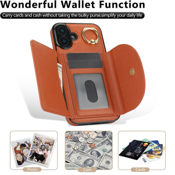 For iPhone 16 YM007 Ring Holder Card Bag Skin Feel Phone Case(Brown)