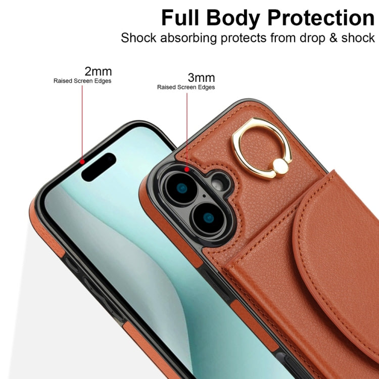 For iPhone 16 YM007 Ring Holder Card Bag Skin Feel Phone Case(Brown)