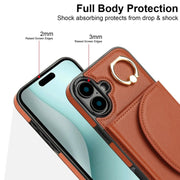 For iPhone 16 YM007 Ring Holder Card Bag Skin Feel Phone Case(Brown)