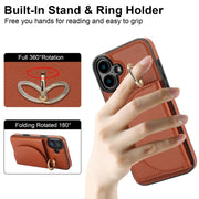 For iPhone 16 YM007 Ring Holder Card Bag Skin Feel Phone Case(Brown)