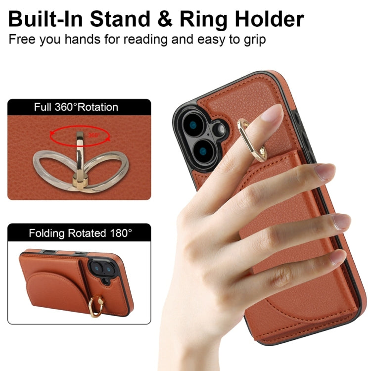 For iPhone 16 YM007 Ring Holder Card Bag Skin Feel Phone Case(Brown)
