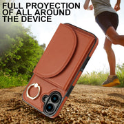 For iPhone 16 YM007 Ring Holder Card Bag Skin Feel Phone Case(Brown)