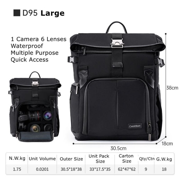 Cwatcun D95 Large Capacity Photography Backpack Shoulders Laptop Camera Bag, Size:30.5 x 18 x 38cm(Dark Black)