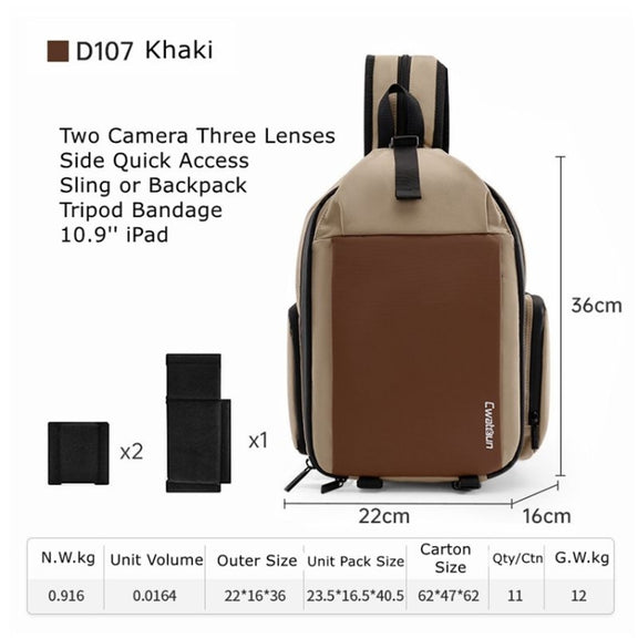 Cwatcun D107 Large Capacity Photography Backpack Shoulders Laptop Camera Bag, Size:22 x 36 x 16cm(Khaki)