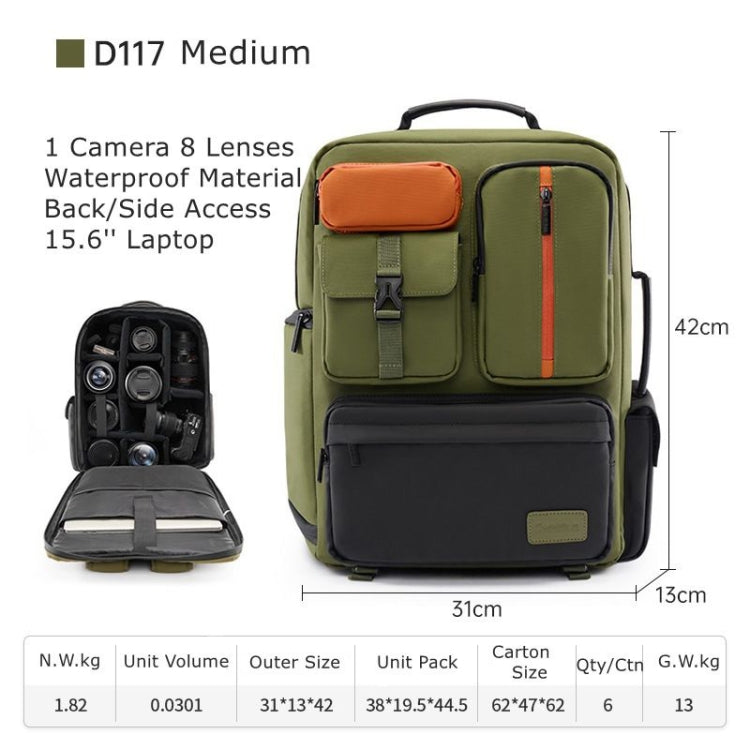 Cwatcun D117 Large Capacity Photography Backpack Shoulders Laptop Camera Bag, Size:42 x 31 x 13cm(Army Green)