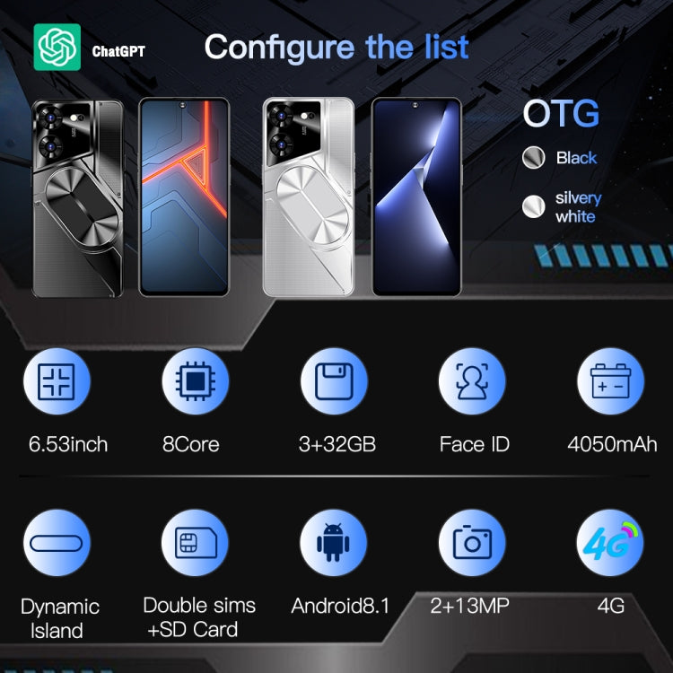 Povo5pro / PU31, 3GB+32GB, 6.53 inch Face Identification Android 8.1 MTK6753 Octa Core, Network: 4G, AI GPT4, Dual SIM(Silver)