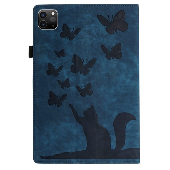 For iPad Air 13 2024 / Air 13 2025 Butterfly Cat Embossing Leather Tablet Case(Dark Blue)