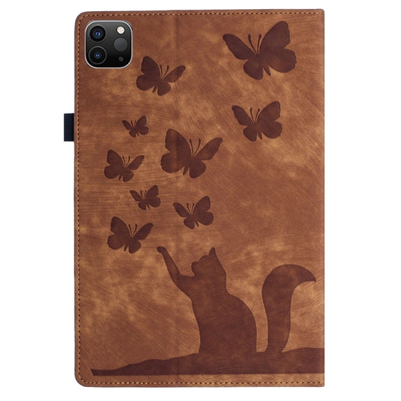For iPad Pro 12.9 2022 / Air 13 2024 Butterfly Cat Embossing Leather Tablet Case(Brown)