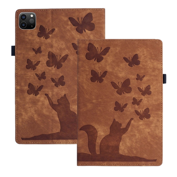 For iPad Pro 12.9 2022 / Air 13 2024 Butterfly Cat Embossing Leather Tablet Case(Brown)